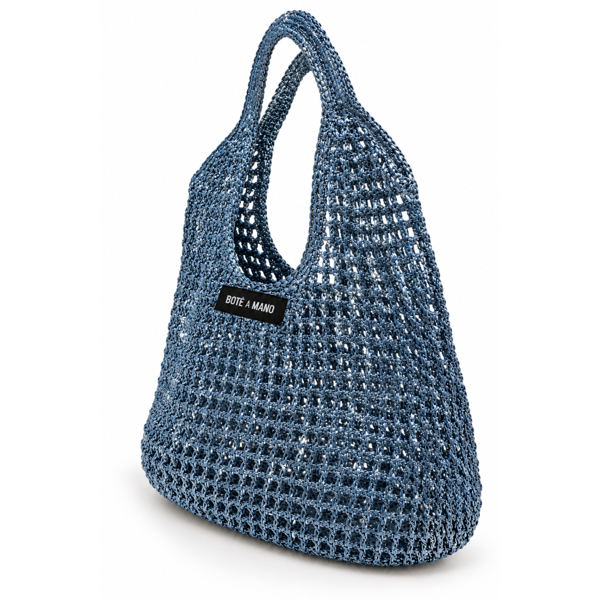 Bote A Mano Denim Blue metallic raffia bag – side view showing handwoven raffia texture
