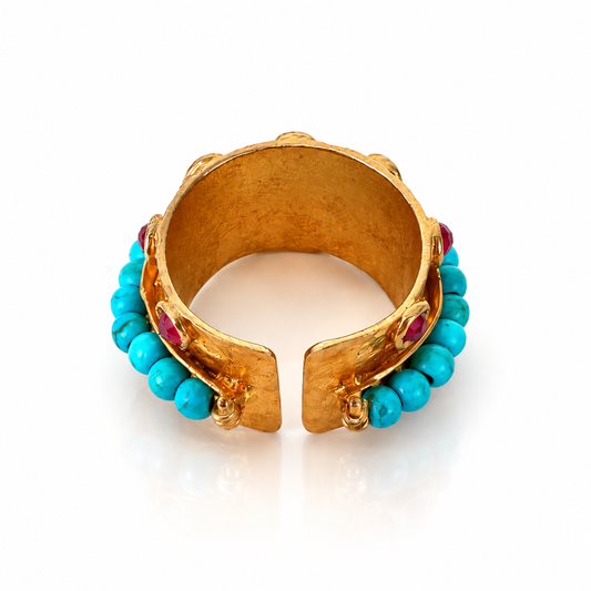 Back view of Bote A Mano adjustable turquoise and red agate statement ring handcrafted in Italy