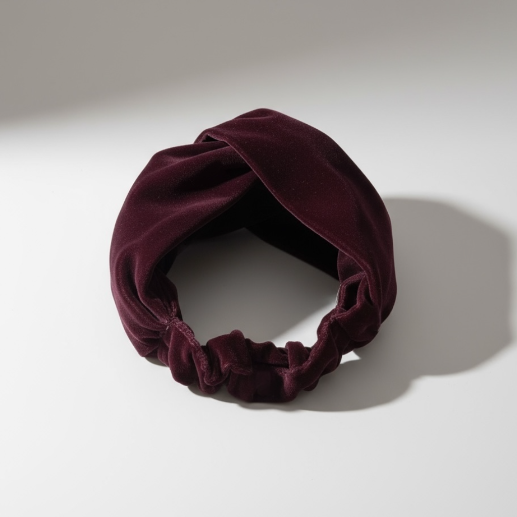 Close-up of BOTE A MANO Italian luxury burgundy velvet twist headband for formal wear.