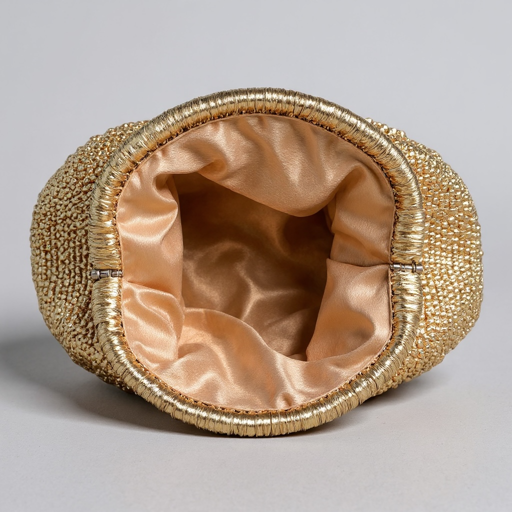 Interior shot of the gold raffia purse showing the luxurious contrast of the metallic exterior with the smooth, matching satin lining