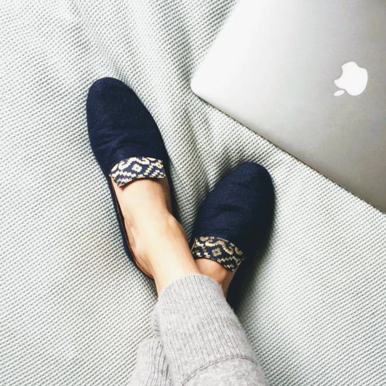 Ballet Flat Shoes, Golden Star of Banaras Blue Wool Loafers - Boté A Mano