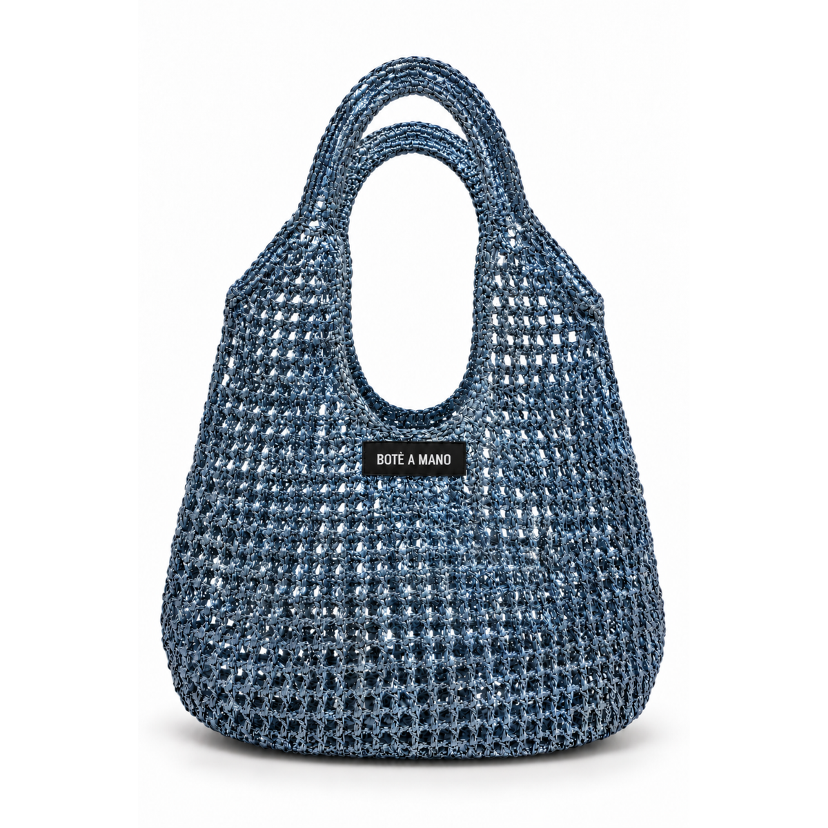 Bote A Mano Denim Blue metallic raffia bag handcrafted in Italy – front view