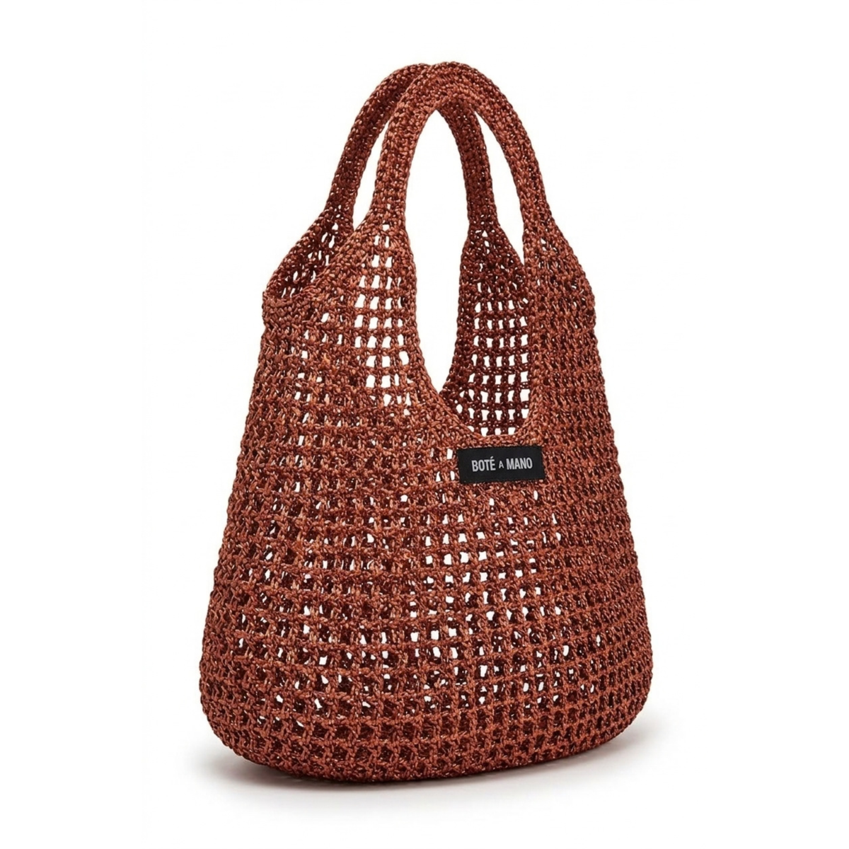 Small Bote A Mano copper raffia bag – side view showing handcrafted woven texture