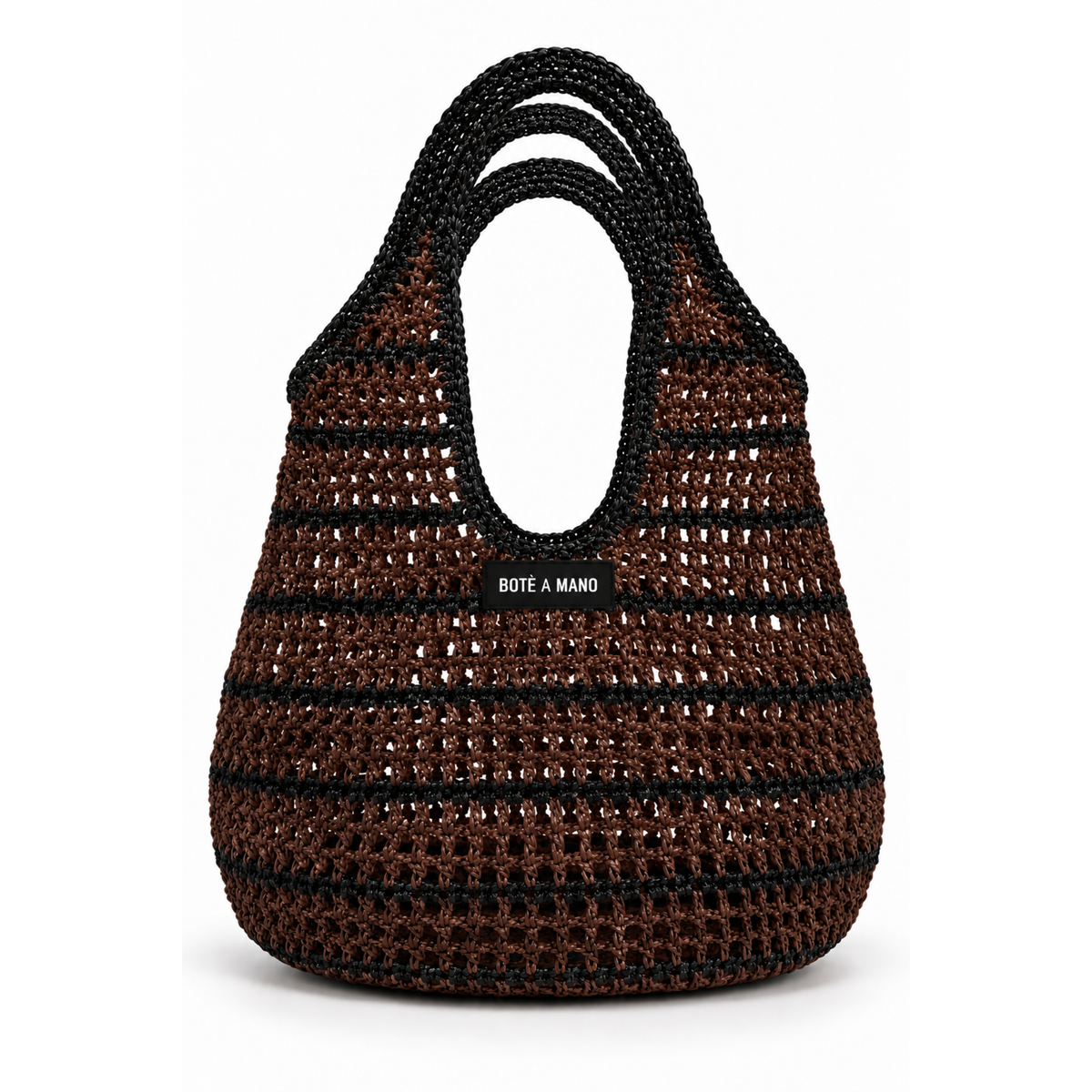 Small Bote A Mano espresso brown and black striped metallic raffia bag handcrafted in Italy – front view