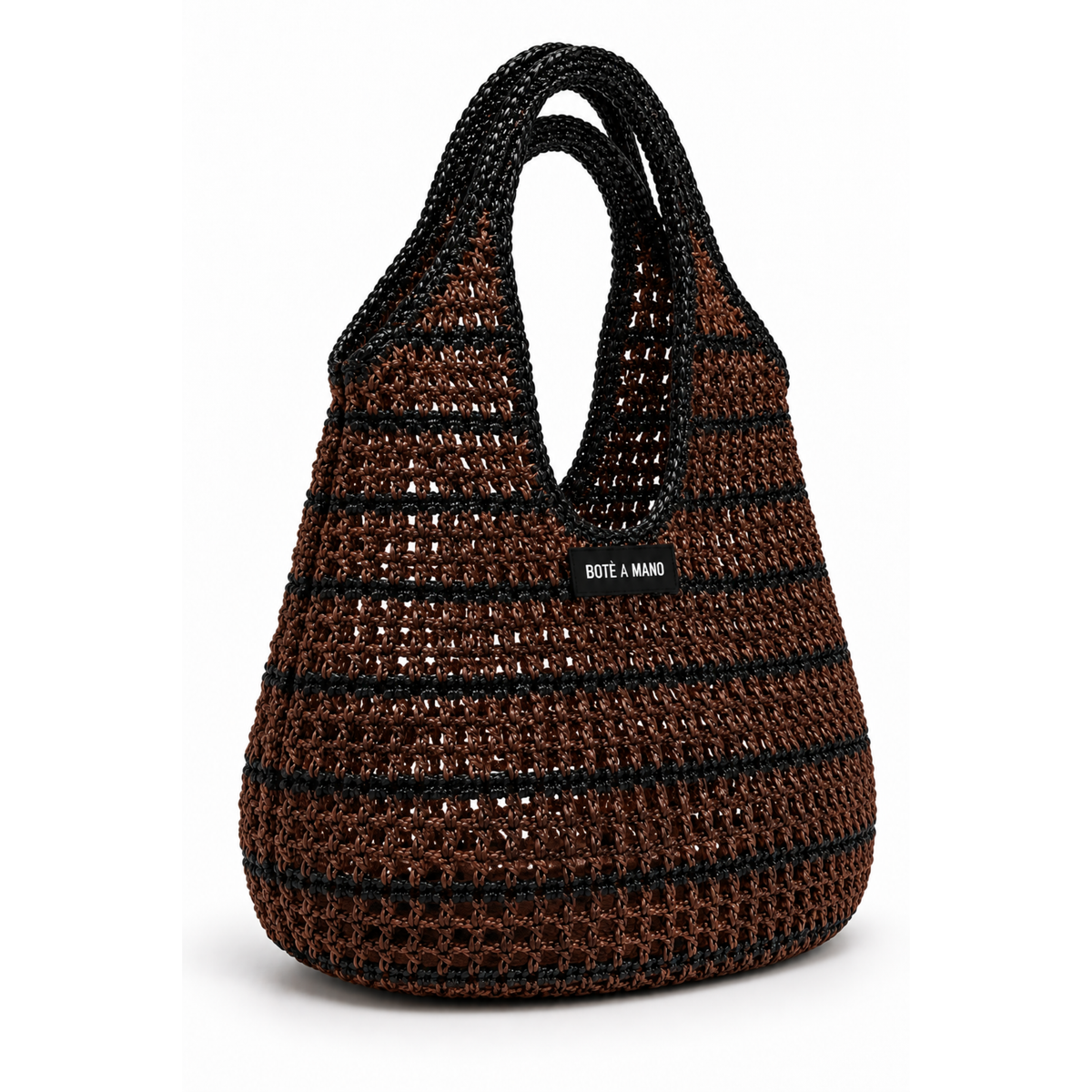 Small Bote A Mano striped raffia bag in espresso brown and black – side view showing handcrafted woven texture