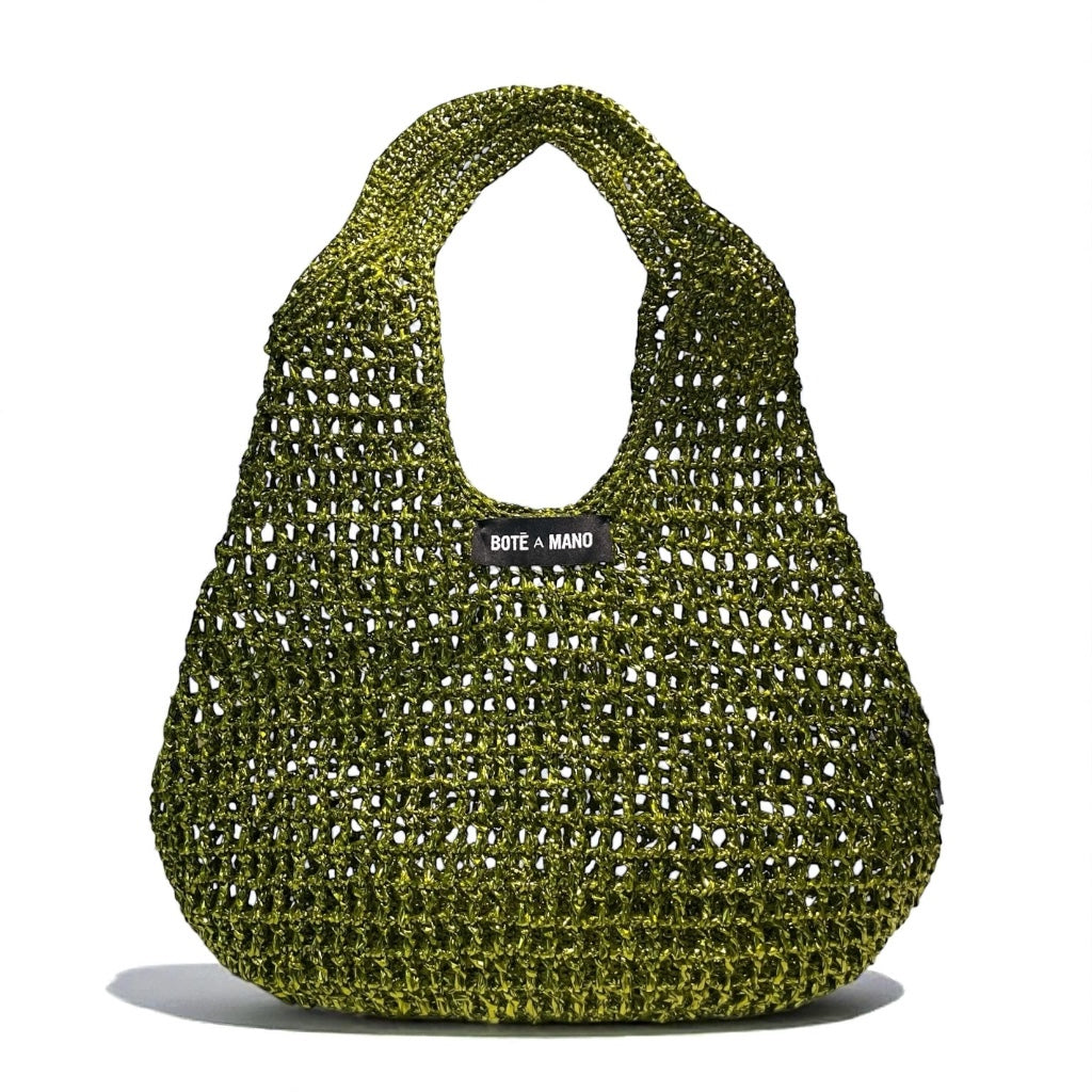 Close-up of the shimmering metallic raffia weave on the olive green bucket bag, highlighting the texture and Italian craftsmanship.