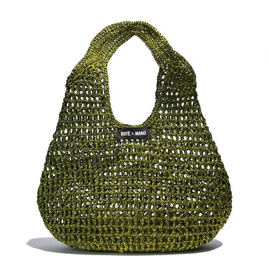 Close-up of the shimmering metallic raffia weave on the olive green bucket bag, highlighting the texture and Italian craftsmanship.