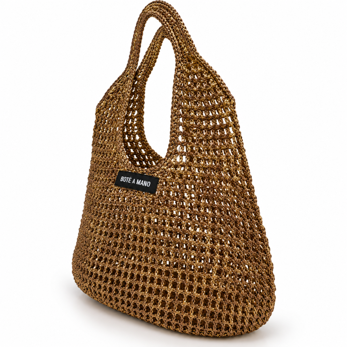 Bote A Mano bronze metallic raffia bag – side view showing handcrafted woven raffia texture