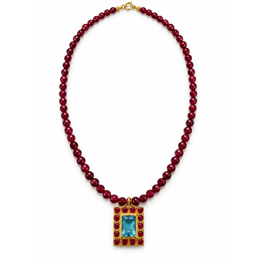 Garnet bead necklace with aquamarine gemstone pendant and 24K gold plating by Bote A Mano