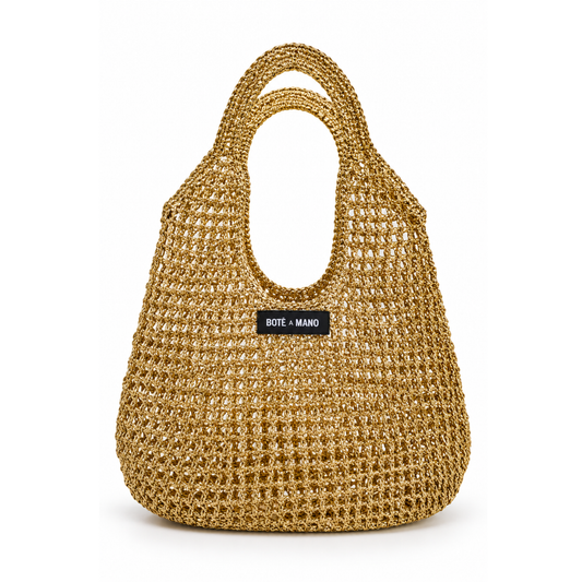 Front view of gold raffia top handle bag by Bote A Mano, handcrafted in metallic raffia with a structured silhouette.