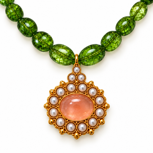 A close-up of a necklace featuring green translucent beads and a gold pendant with a peach-pink central stone and white pearl-like accents, shown on a plain white background.