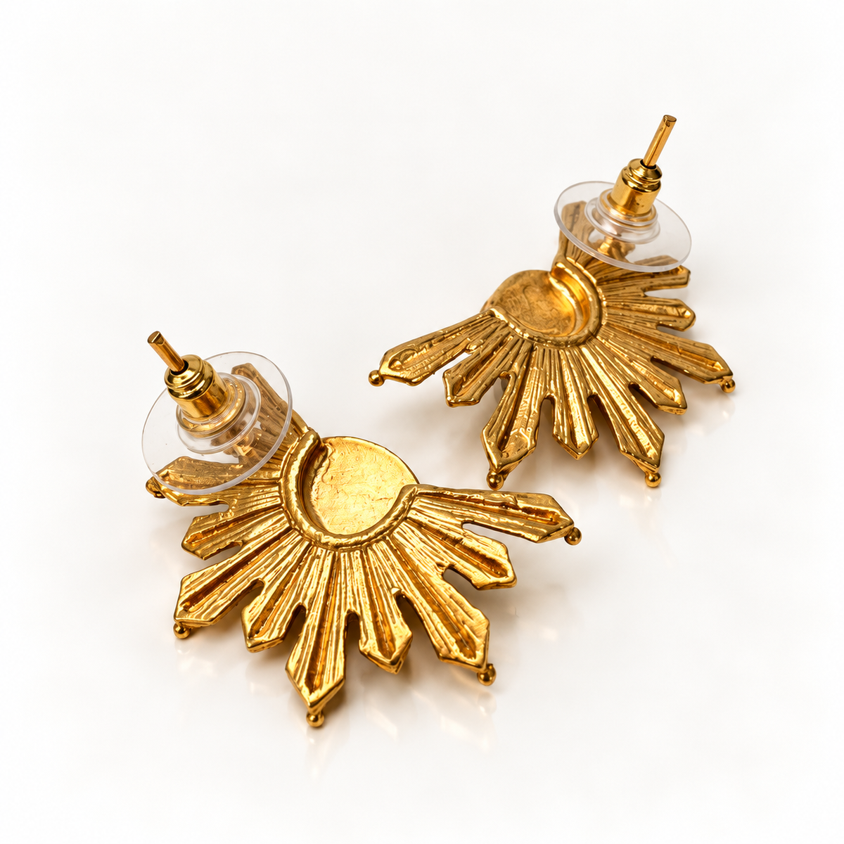 Back view of Black Onyx 24K gold-plated statement earrings with post-back fastening by Bote A Mano