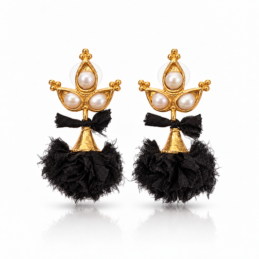 Black silk tassel earrings with pearls and 24K gold plating by Bote A Mano