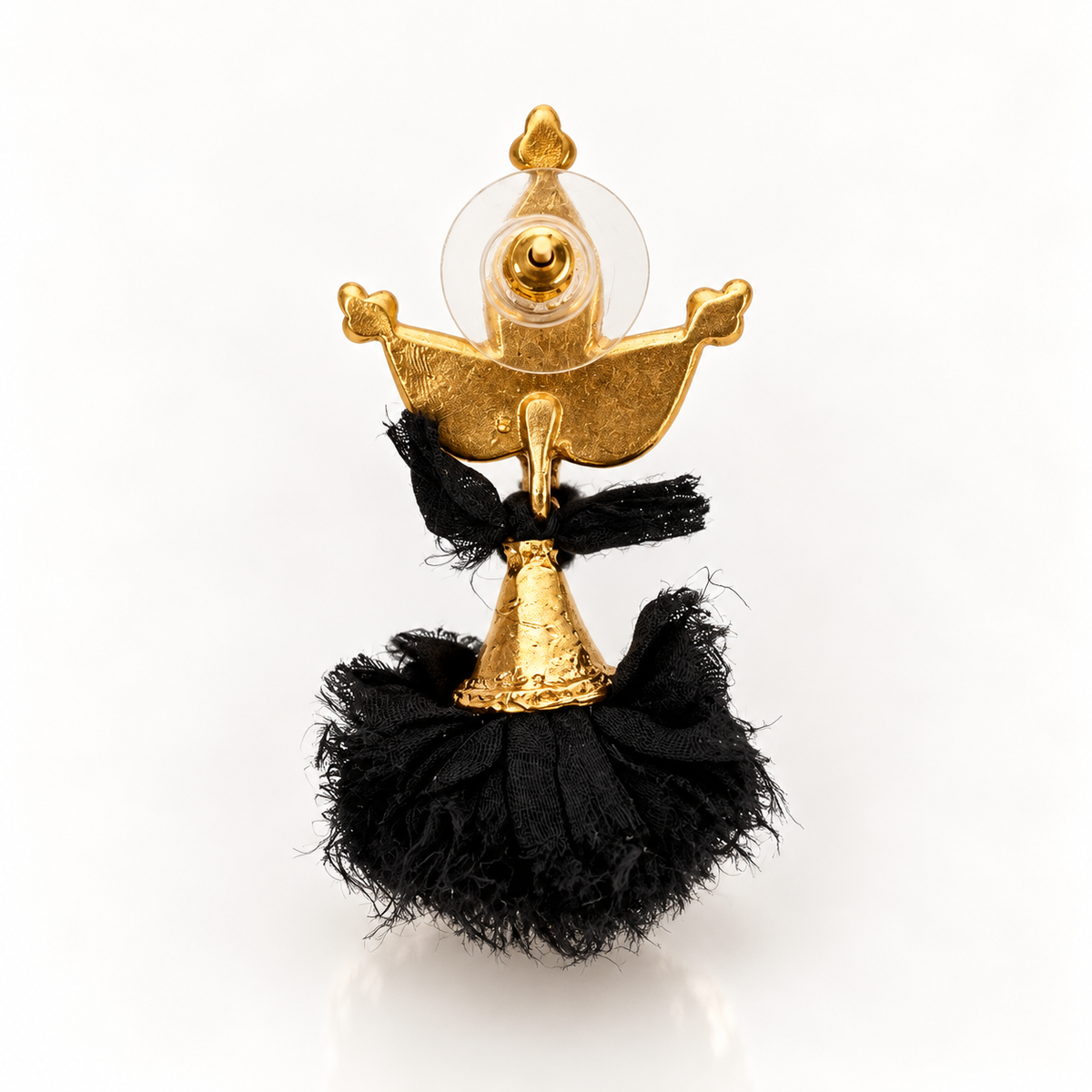 Back view of Bote A Mano pearl and black silk tassel earrings with 24K gold plating