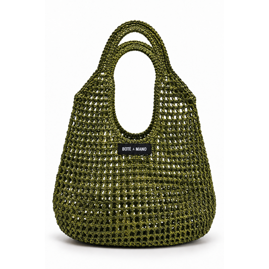 Close-up of the shimmering metallic raffia weave on the olive green bucket bag, highlighting the texture and Italian craftsmanship.