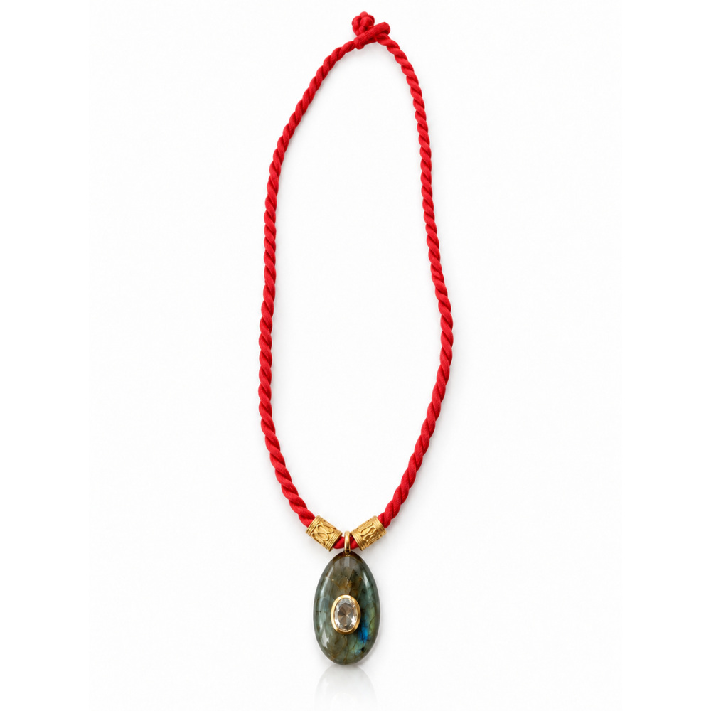 Labradorite pendant necklace with red twisted cord and 24K gold-plated details by Bote A Mano