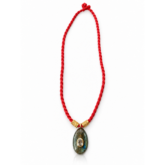 Labradorite pendant necklace with red twisted cord and 24K gold-plated details by Bote A Mano