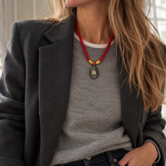 A close-up lifestyle shot of a woman wearing a red cord necklace with gold-toned beads and a dark oval pendant from Bote A Mano, styled over a gray knit top and dark gray blazer.