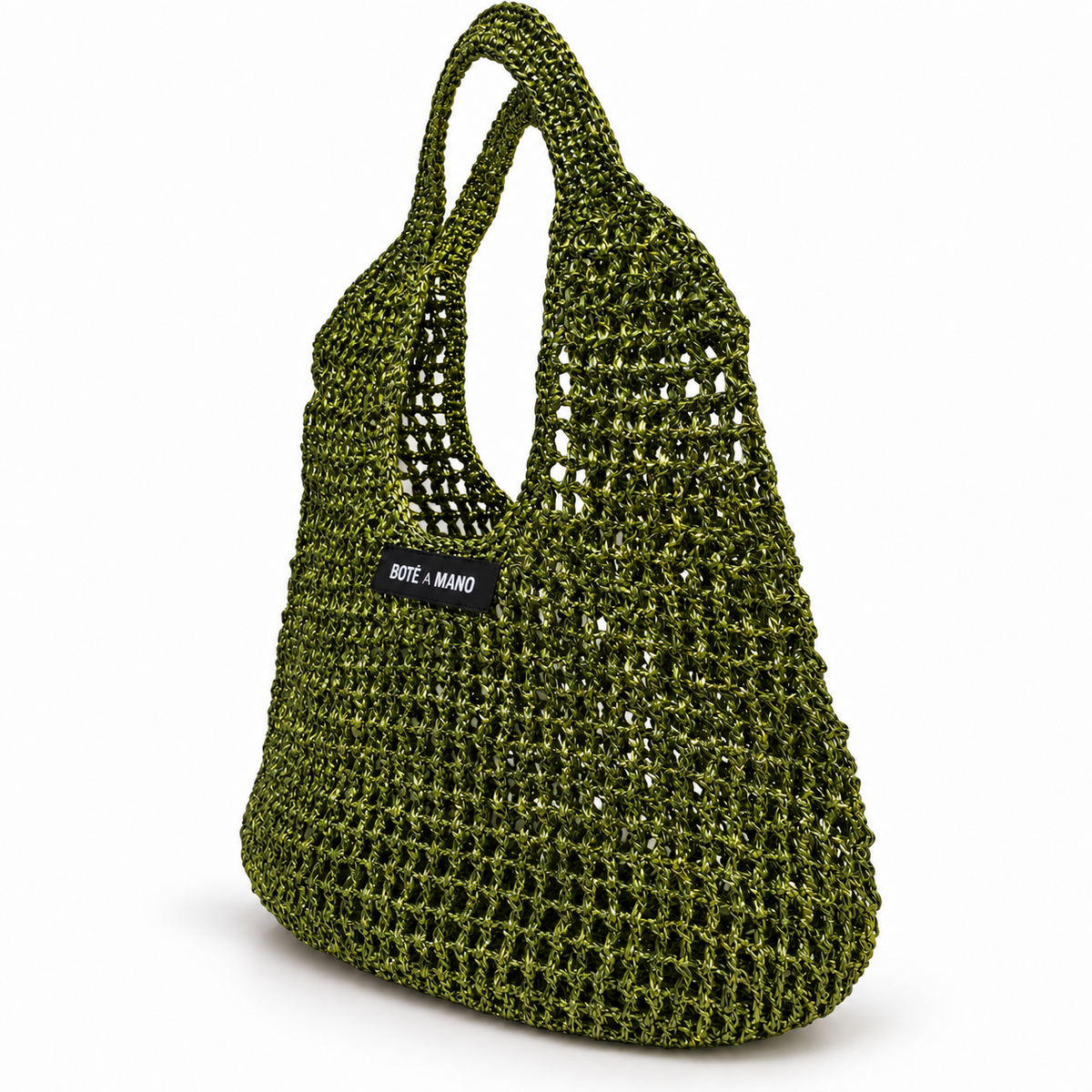 Full view of the dark green bucket bag showing the full size, drawstring top closure, and elegant seasonal silhouette.