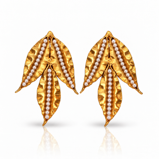 Willow pearl statement earrings with 24K gold-plated leaves by Bote A Mano