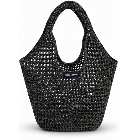  Black metallic raffia bag by Bote A Mano, handcrafted with a soft structure and textured woven finish.