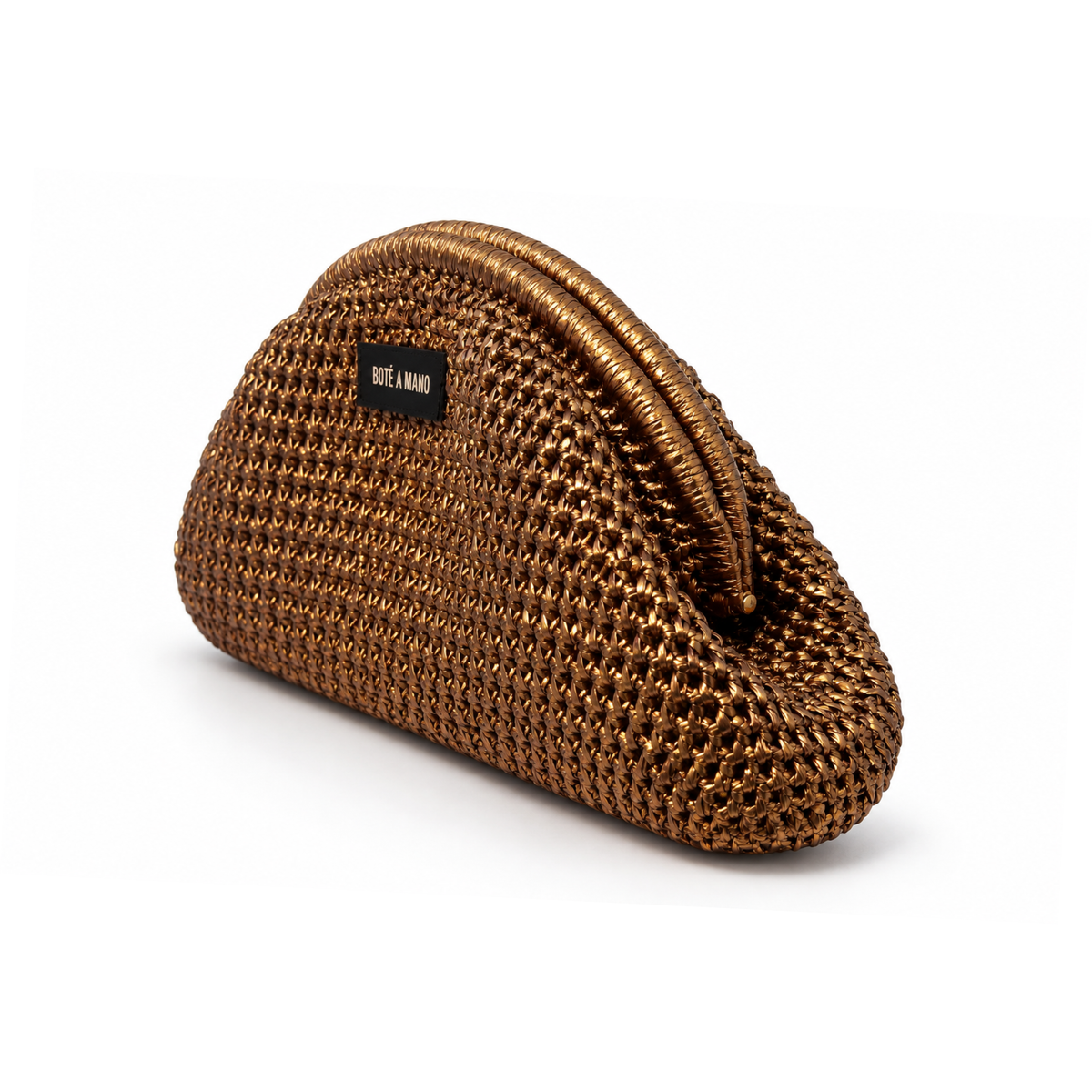 Bote A Mano bronze metallic raffia clutch bag – side view showing handcrafted woven construction