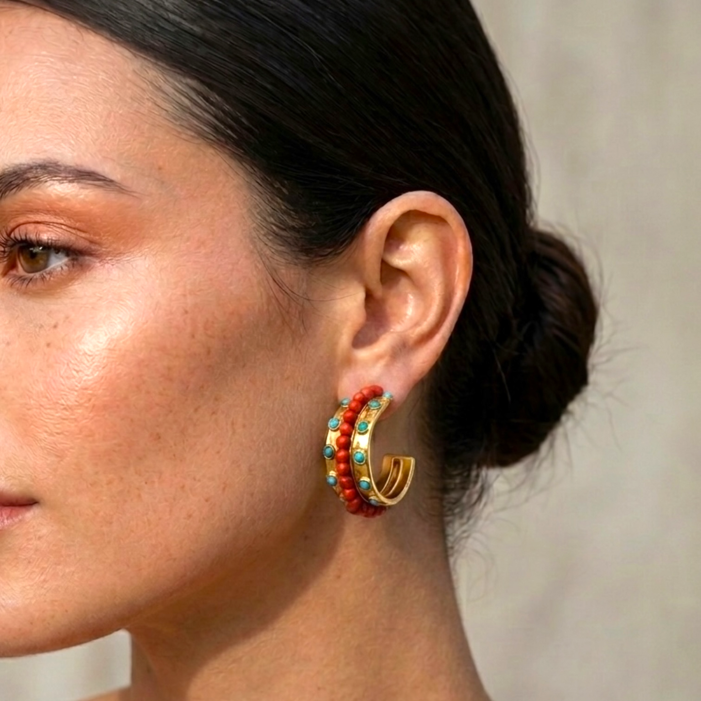 Turquoise & Red Coral Hoop Earrings