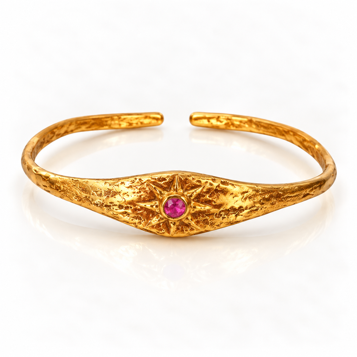 Pink Tourmaline adjustable bracelet with sunburst motif and 24K gold plating by Bote A Mano