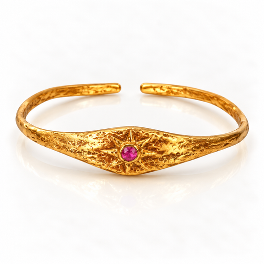 Pink Tourmaline adjustable bracelet with sunburst motif and 24K gold plating by Bote A Mano