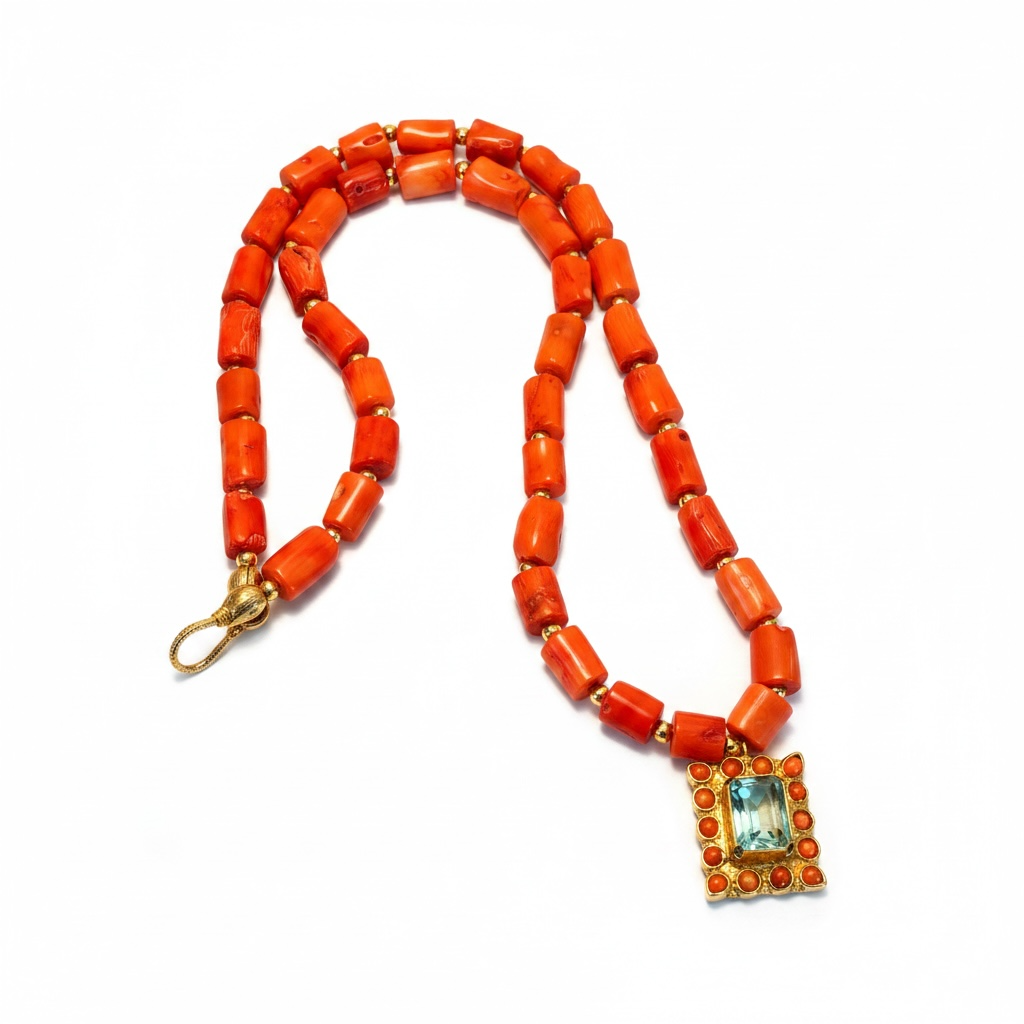 Coral & Aquamarine Pendant Necklace