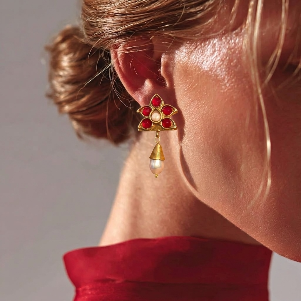 Close-up of a woman wearing a red and gold floral earring against a neutral background