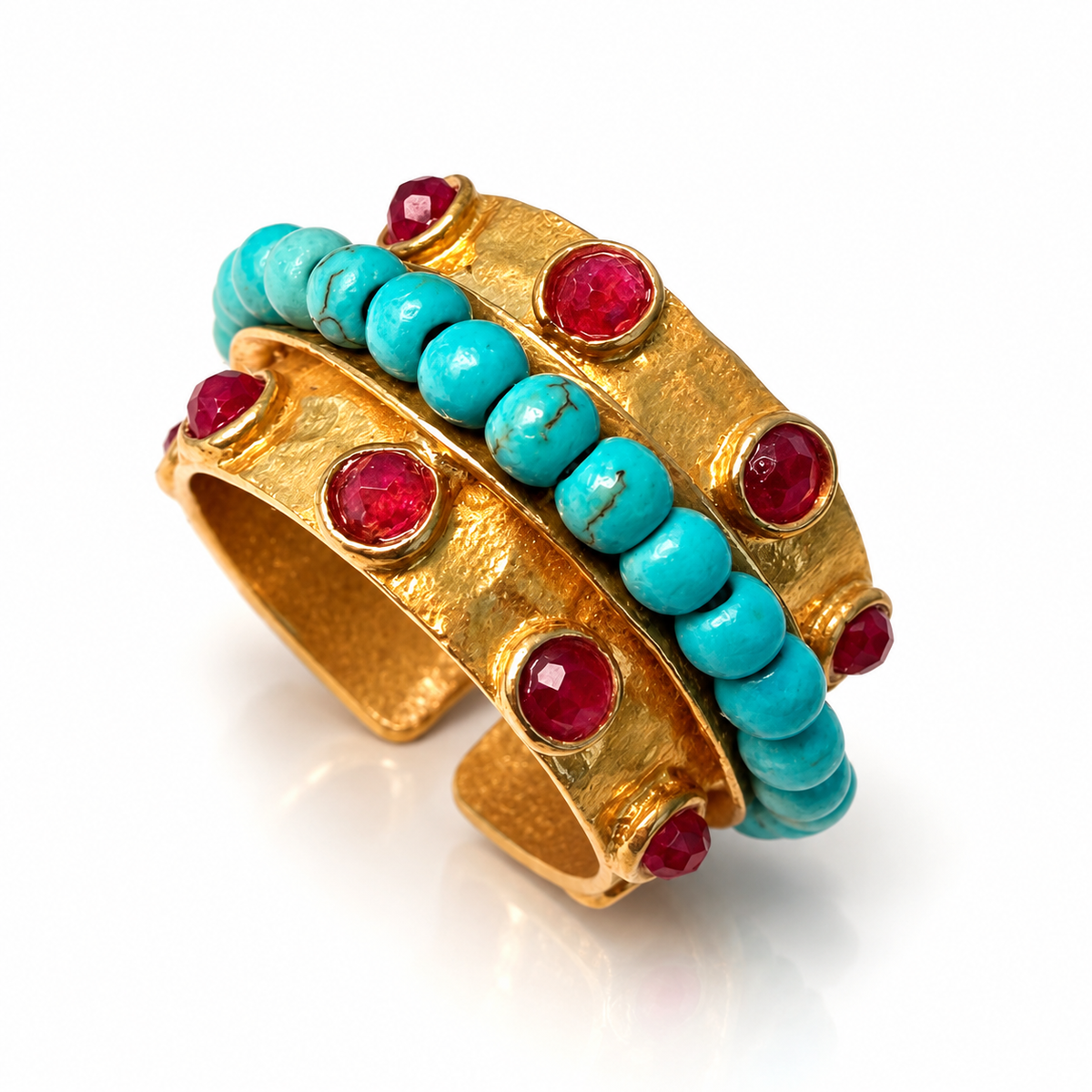 Turquoise and red agate statement ring with textured 24K gold-plated bands by Bote A Mano