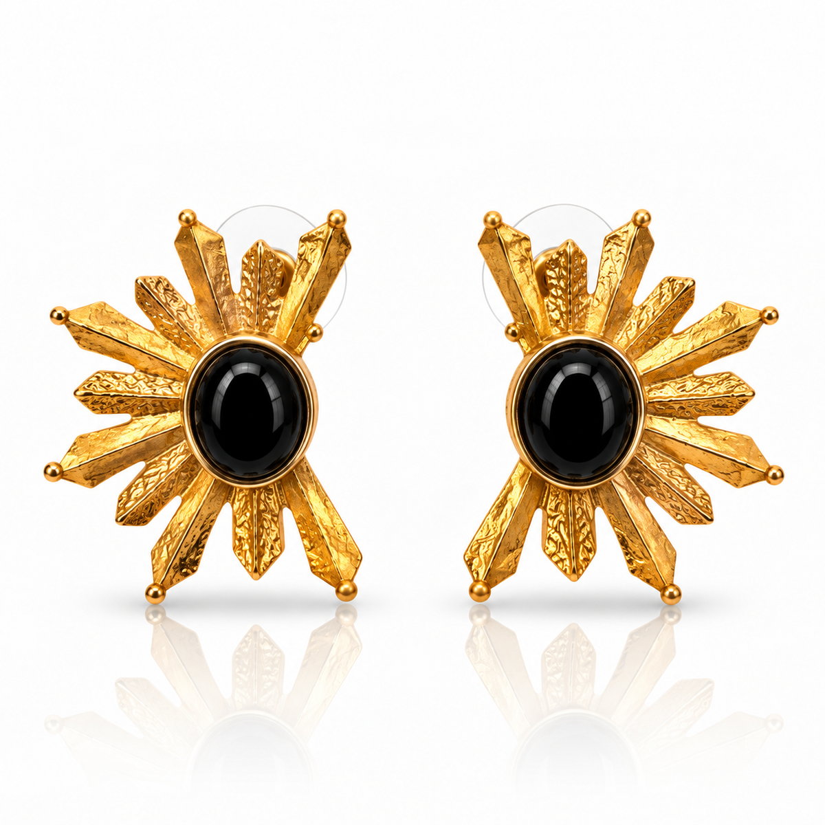 Black Onyx 24K gold-plated statement earrings handcrafted in Italy by Bote A Mano