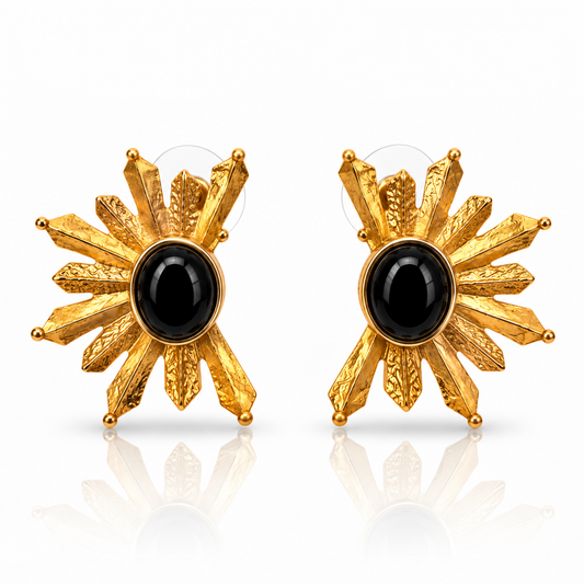 Black Onyx 24K gold-plated statement earrings handcrafted in Italy by Bote A Mano