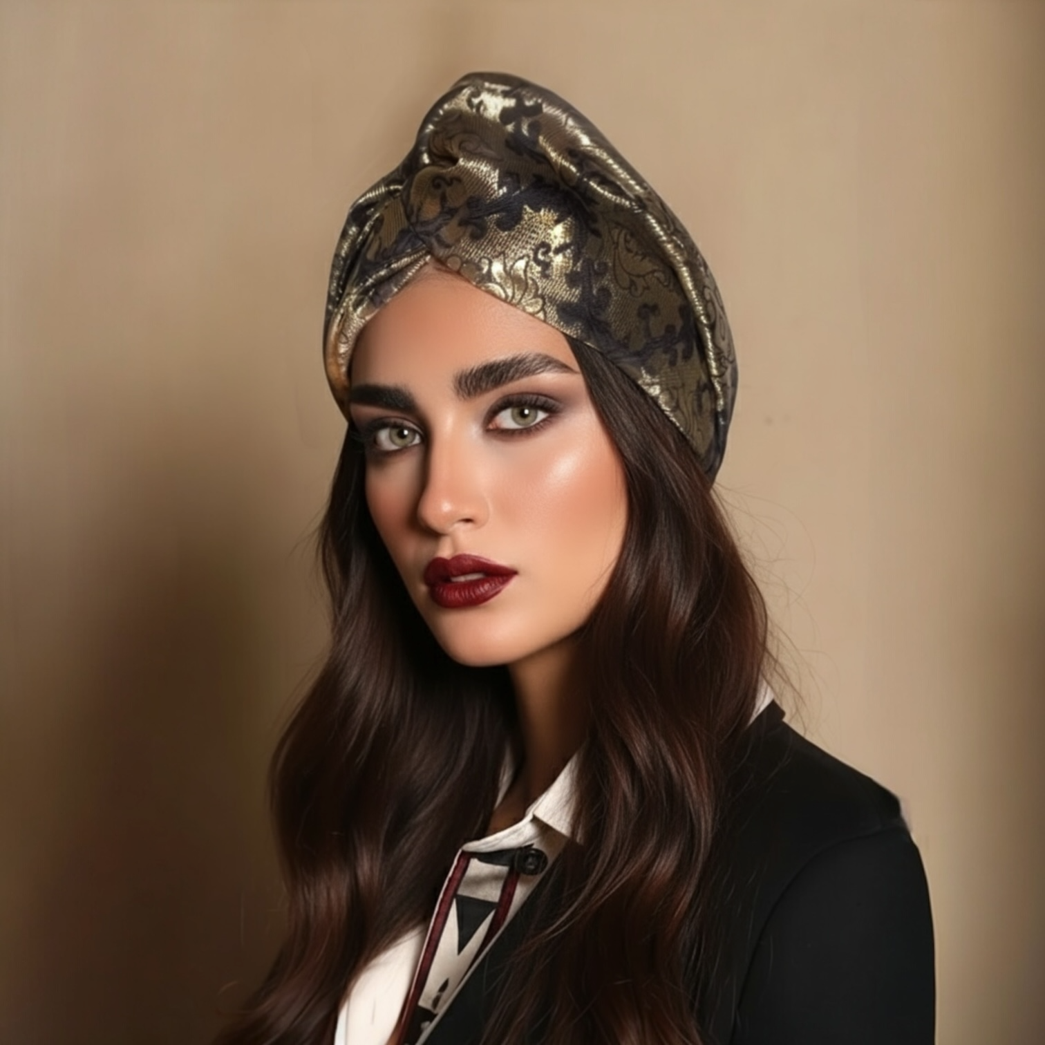 Woman wearing an elegant BOTE A MANO black and gold brocade turban headband as a piece of luxury hair jewelry.