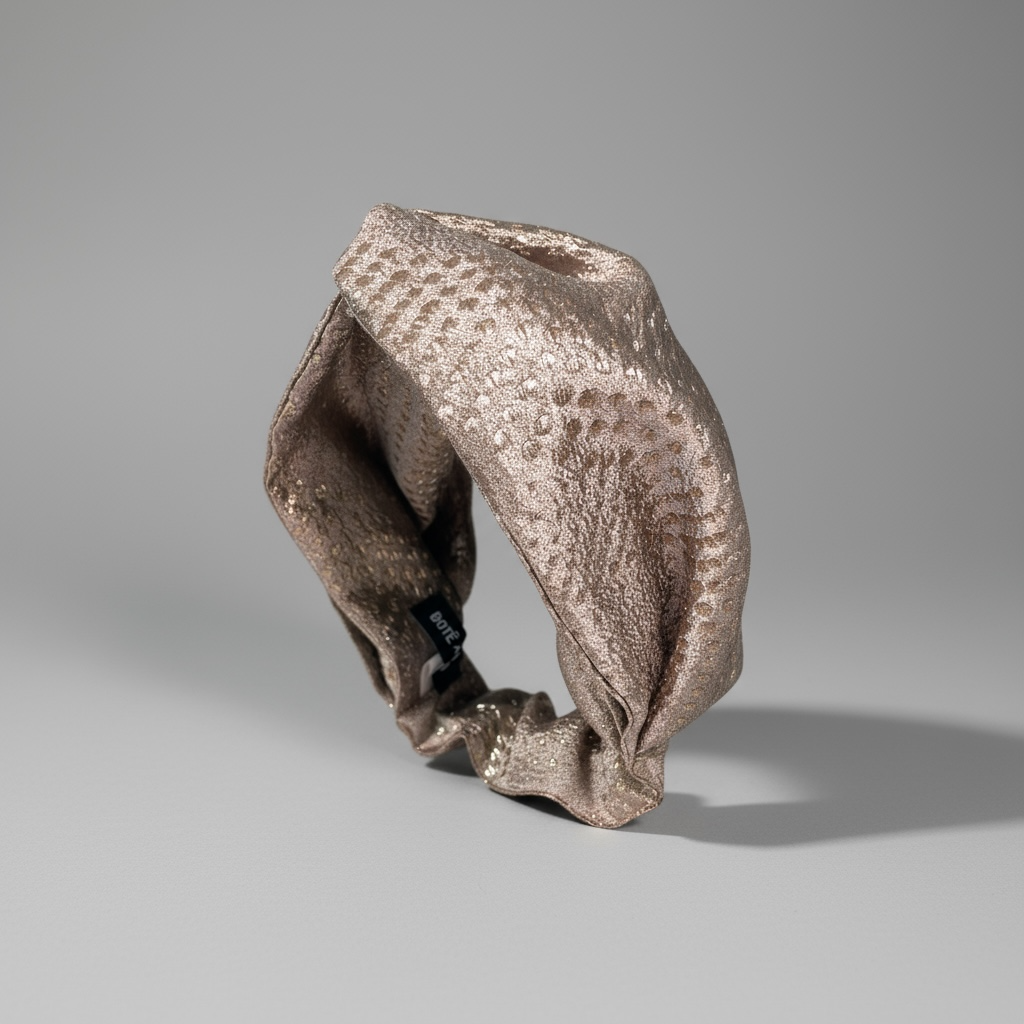 Close-up of BOTE A MANO silver jacquard knot headband fabric texture, showing metallic shimmer.