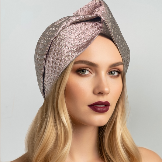 Woman wearing a wide silver jacquard turban headband with a white wool coat and grey sweater.