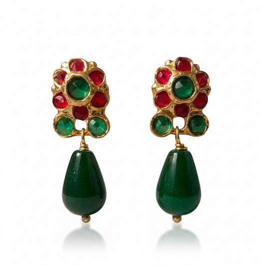 Front view of emerald and ruby drop earrings by Bote A Mano, 24K gold-plated with handcrafted design.