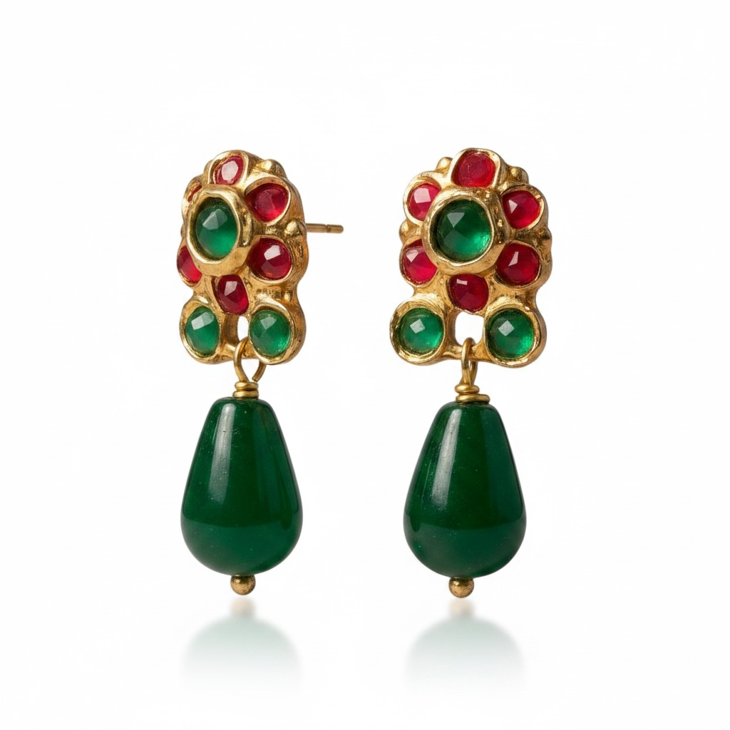 Side view of emerald and ruby drop earrings highlighting lightweight design and elegant gold-plated finish.
