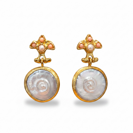 Front view of mother of pearl gold-plated drop earrings by Bote A Mano featuring 24K gold setting and luminous pearl detail.