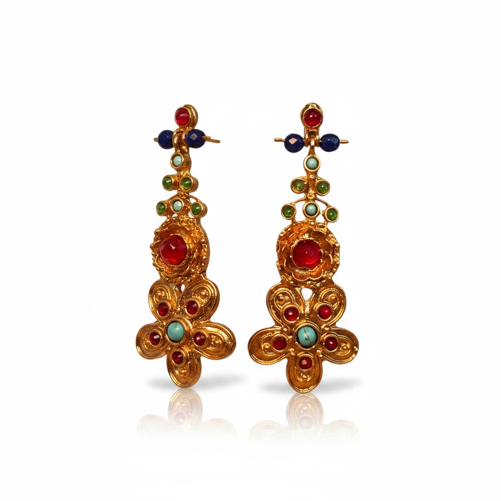 Close-up of gold-plated multi-stone earrings showing ruby, turquoise and onyx gemstones in intricate Persian-inspired design.