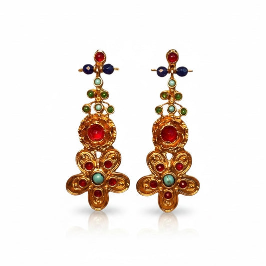 Front view of multi-stone drop earrings by Bote A Mano with ruby, turquoise, green onyx and navy quartz in 24K gold-plated setting.