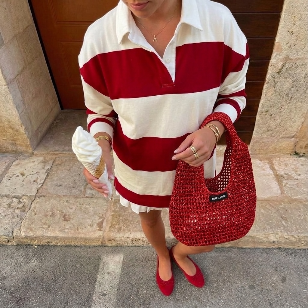 Model carrying red metallic raffia bag by Bote A Mano in an elegant lifestyle setting