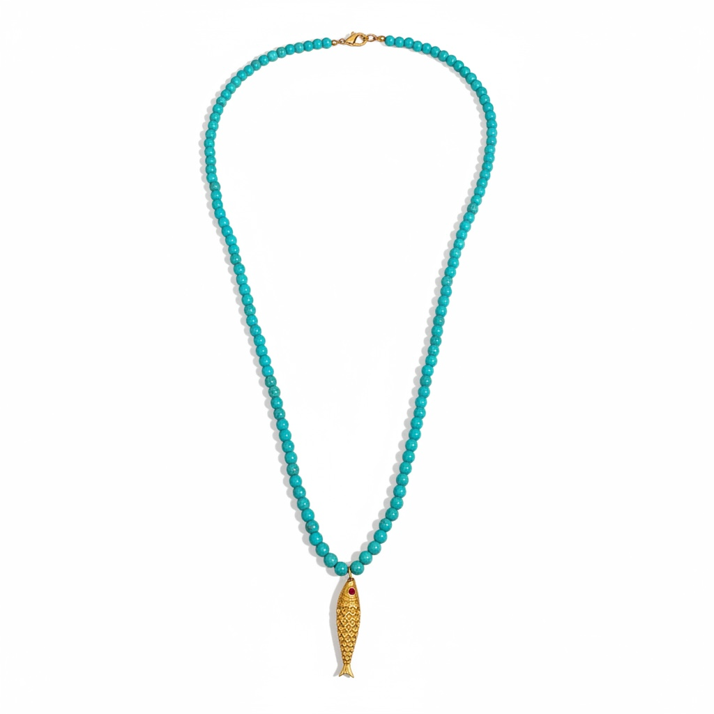 Turquoise bead necklace with gold pendant by Bote A Mano, featuring vibrant blue beads and 24K gold-plated detail.