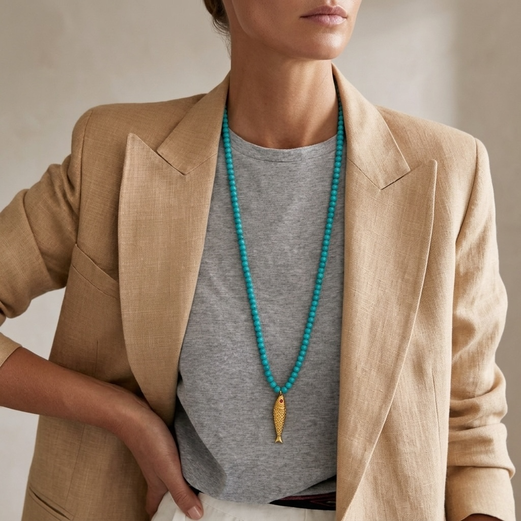 Turquoise bead necklace worn, highlighting natural gemstone color and elegant gold pendant design