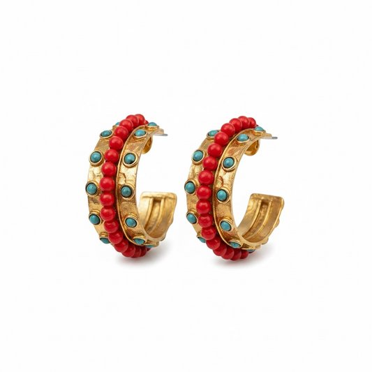 Front view of turquoise and red coral hoop earrings by Bote A Mano, 24K gold-plated with handcrafted design.