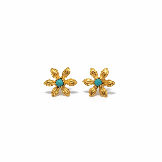 Front view of turquoise floral stud earrings by Bote A Mano, 24K gold-plated with handcrafted design.