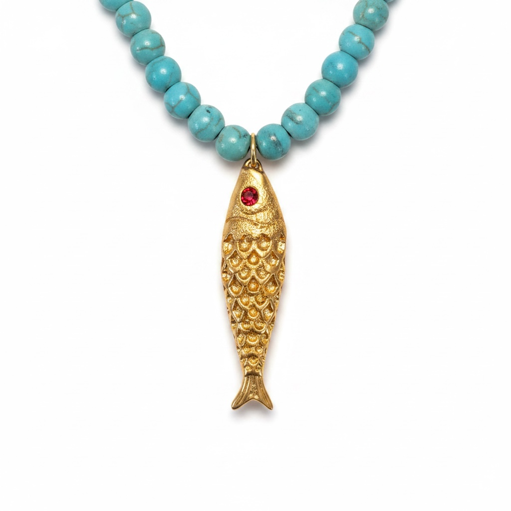 Close-up of turquoise necklace showing 0.5 cm beads and gold-plated pendant with red accent