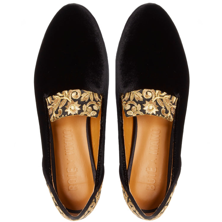 Loafers for Women, Black Rose of Kashan Black Velvet Loafers - Boté A Mano