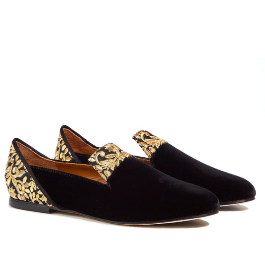 Loafers for Women, Black Rose of Kashan Black Velvet Loafers - Boté A Mano